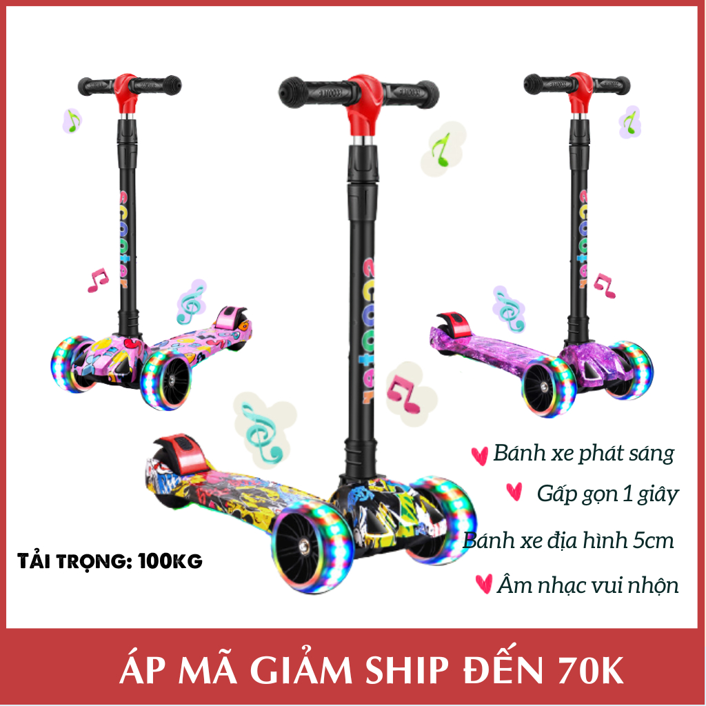 Xe trượt scooter chòi chân cho bé 2-14 tuổi, mẫu graffiti nổi bật có nhạc đèn, bánh xe 5cm phát sáng vĩnh cửu