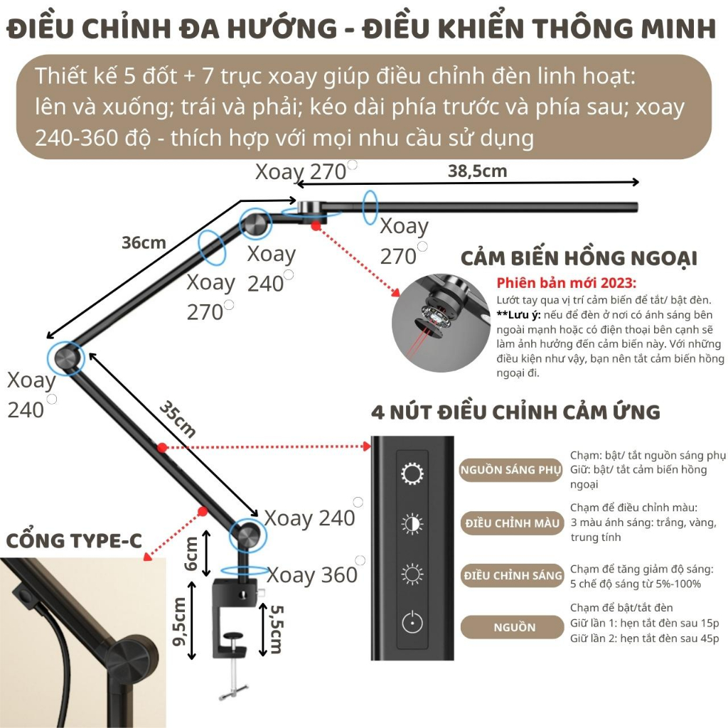 Đèn bàn học bảo vệ mắt DandiHome Ergo 1 chống cận để làm việc, đọc sách có thể kéo dài và gấp gọn - 3 chế độ sáng