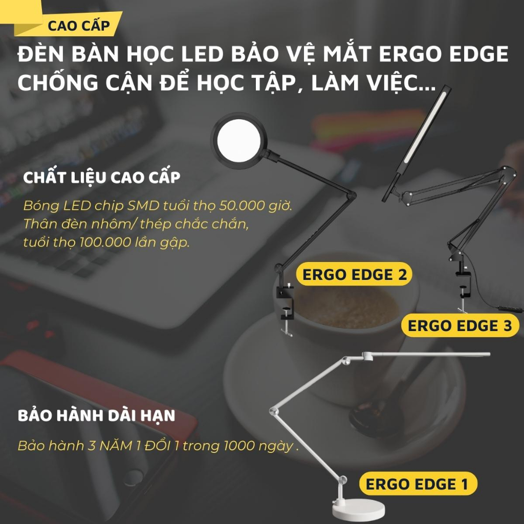 Đèn bàn học bảo vệ mắt DandiHome Ergo Edge chống cận để làm việc, học tập có thể kéo dài và gấp gọn - 3 chế độ sáng