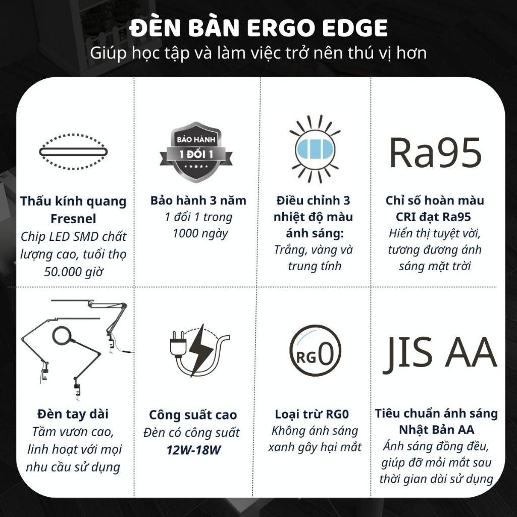 Đèn bàn học bảo vệ mắt DandiHome Ergo Edge chống cận để làm việc, học tập có thể kéo dài và gấp gọn - 3 chế độ sáng