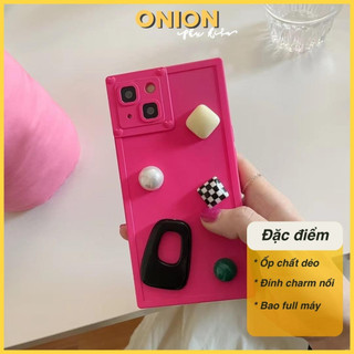 Ốp Vuông Hồng đính Charm dành cho iPhone Xsmax 11 12 13 14 Pro Promax