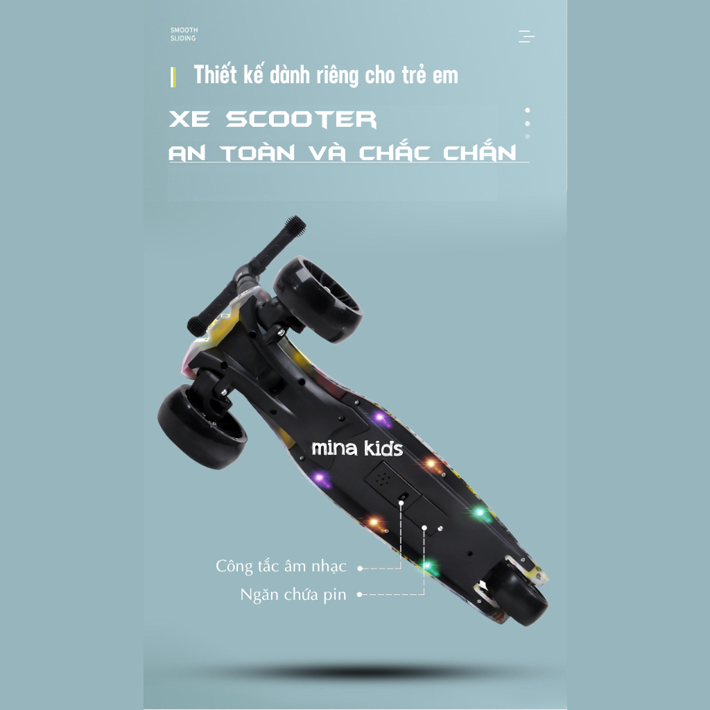 Xe trượt scooter chòi chân cho bé 2-14 tuổi, mẫu graffiti nổi bật có nhạc đèn, bánh xe 5cm phát sáng vĩnh cửu