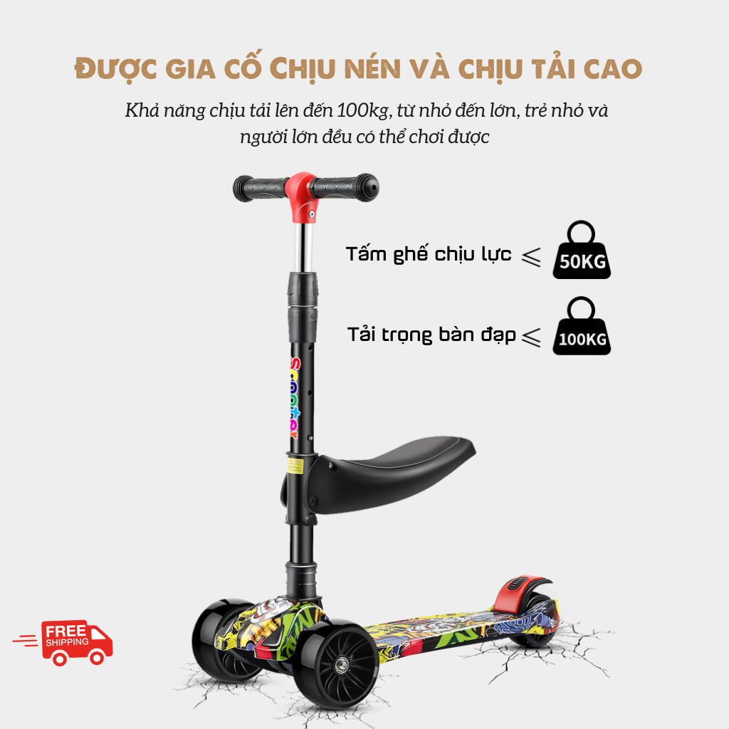 Xe trượt scooter chòi chân cho bé 2-14 tuổi, mẫu graffiti nổi bật có nhạc đèn, bánh xe 5cm phát sáng vĩnh cửu