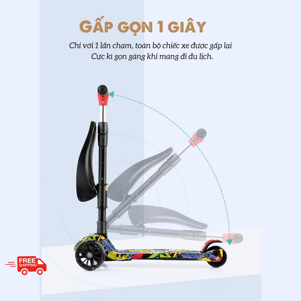 Xe trượt scooter chòi chân cho bé 2-14 tuổi, mẫu graffiti nổi bật có nhạc đèn, bánh xe 5cm phát sáng vĩnh cửu