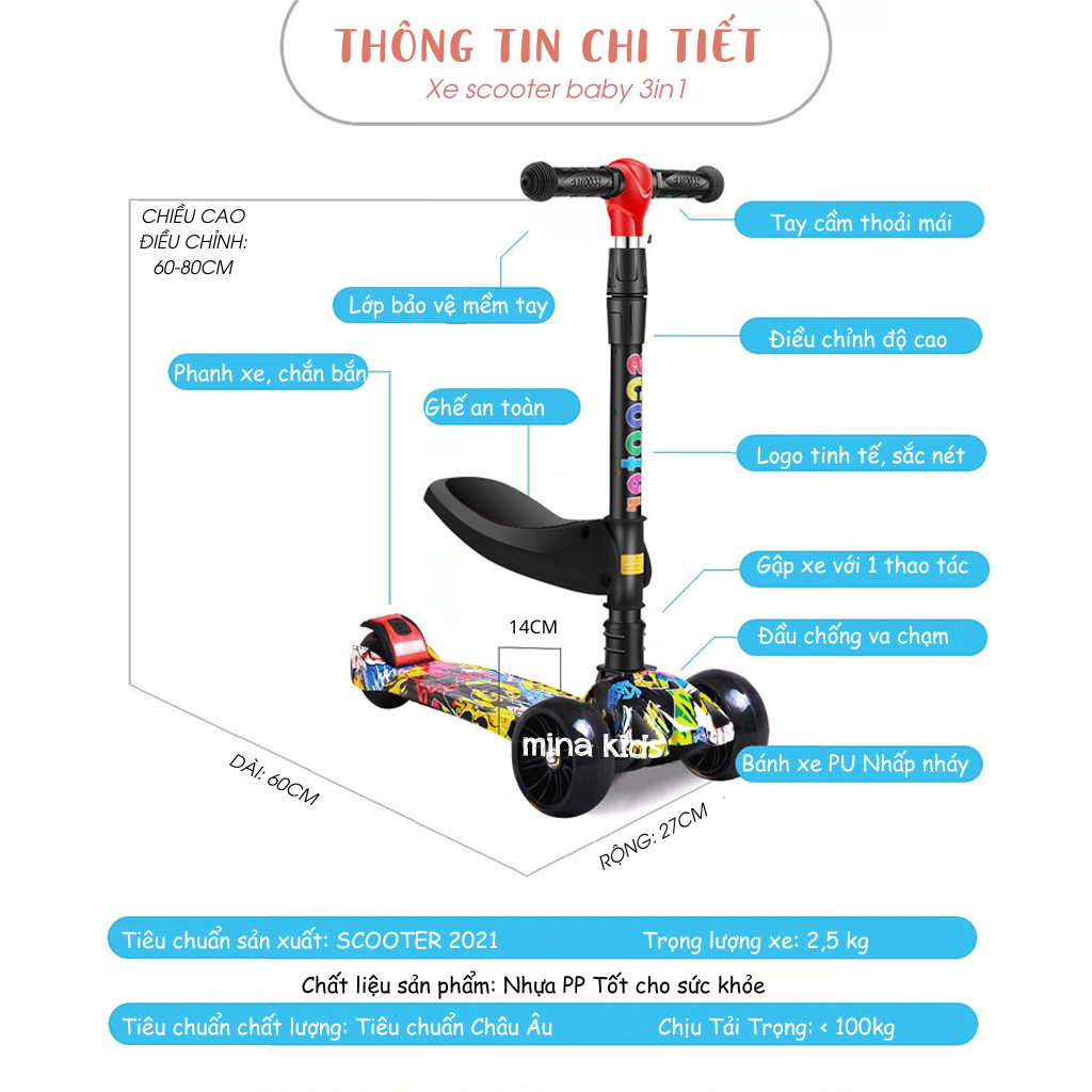 Xe trượt scooter chòi chân cho bé 2-14 tuổi, mẫu graffiti nổi bật có nhạc đèn, bánh xe 5cm phát sáng vĩnh cửu