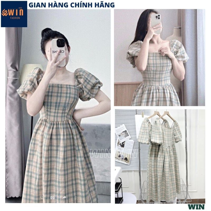 Đầm maxi bo chun kẻ ô chất thô mềm lưng chun điệu đà,Váy thiết kế cổ vuông kẻ caro xanh tay bồng dáng xòe hot hit - WIN