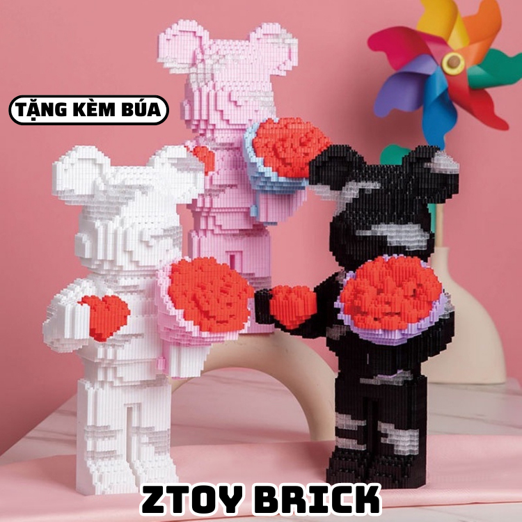 Lego 3D Bearbrick cao 35cm - Bộ Đồ Chơi Lắp Ráp Mô Hình Gấu Cầm Hoa Và Trái Tim Tặng Đèn Cho Trẻ Em Và Người Lớn Sưu Tập