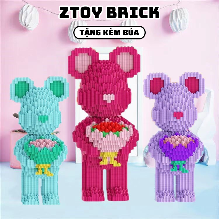 Lego 3D Bearbrick cao 30cm Gấu Cầm Hoa - Bộ Đồ Chơi Lắp Ráp Mô Hình Gấu Và Hoa Hồng Cho Trẻ Em