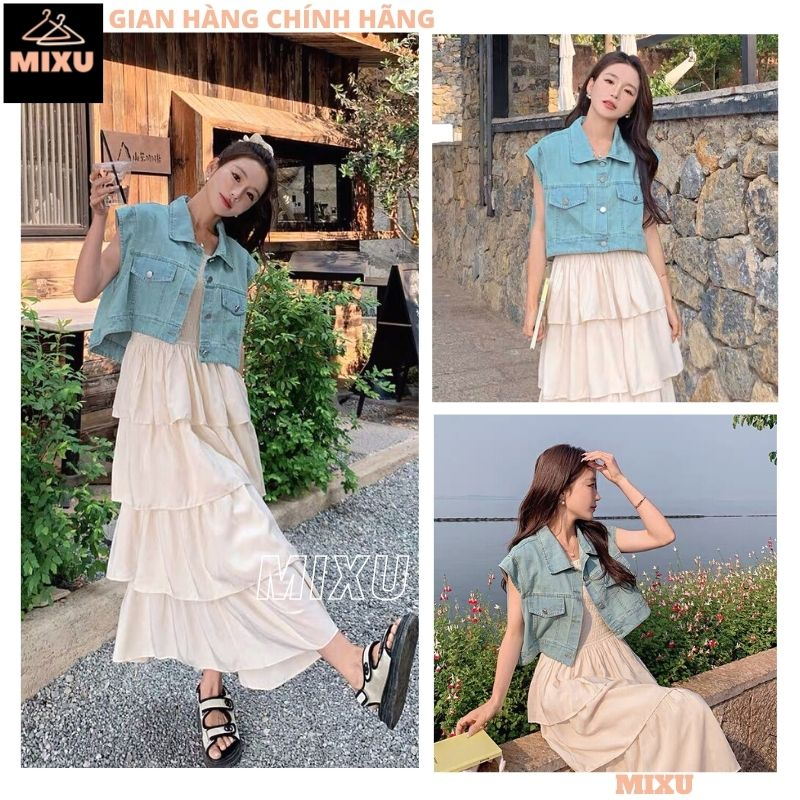 Áo jean nữ sát nách 2 túi dáng ngắn năng động thời trang trẻ, Áo khoác gile bò croptop cổ bẻ túi nắp giả cá tính - MIXU