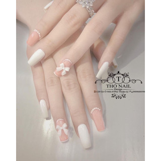 Nailbox móng up thiết kê thạch hồng trắng xen kẻ gắn nơ