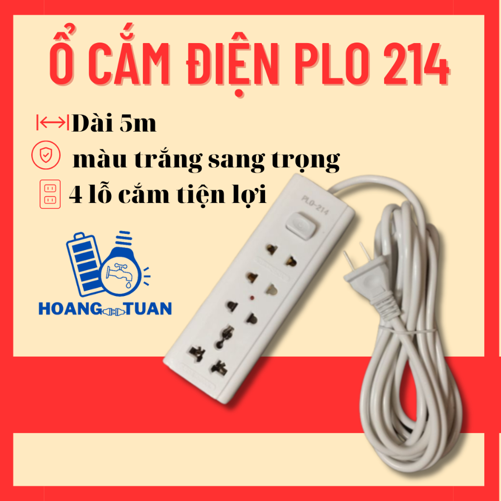 Ổ cắm điện PLO 214, dây dài 5m, 10m 4 lỗ cắm tiện lợi, màu trắng, ổ cắm thường, ổ cắm 3 chấu, chịu tải cao