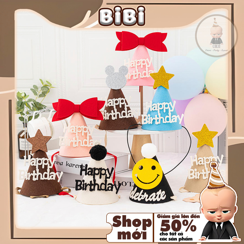 Nón Sinh Nhật Chất Liệu Vải Nỉ Không Dệt Phong Cách Hàn Quốc Cho Bé Trai, Bé Gái, Người Lớn BIBI PARTY NSN