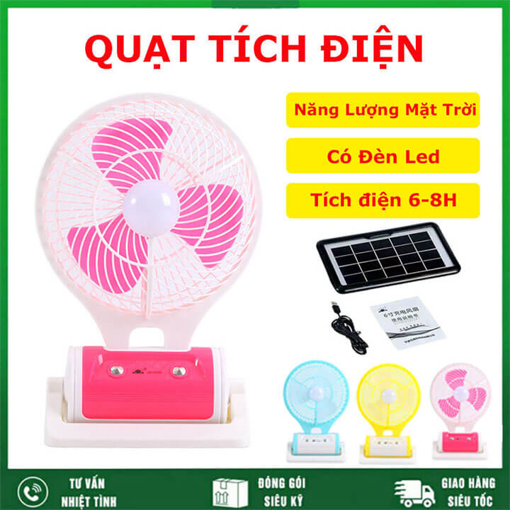 Quạt tích điện năng lượng mặt trời để bàn tích hợp đèn chiếu sáng 2 tốc độ gió, quạt tích điện gấp gọn tiện dụng