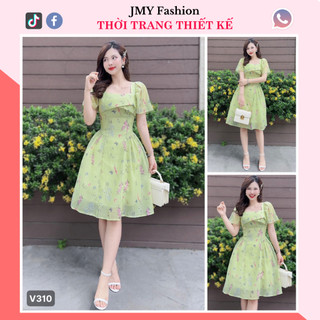 V310 Váy xanh hoa nhí xoè tiểu thư [TH Hà Thanh] váy xoè xanh bơ hoa cổ vuông nữ tính