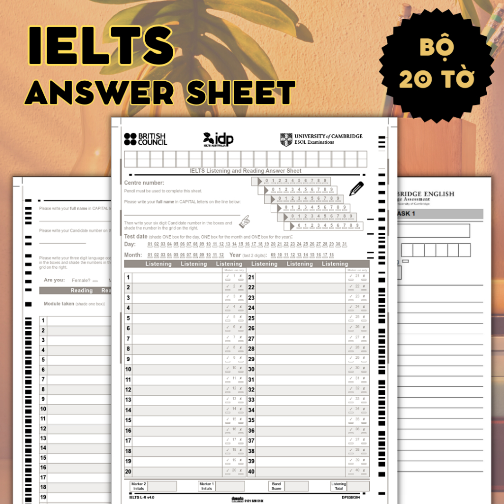 Phiếu trả lời bài thi IELTS answer-sheet bản chuẩn, Listening, Writing, Reading - Phiếu làm bài Giấy thi