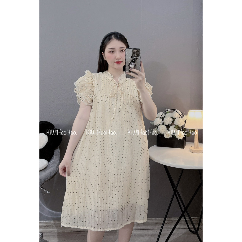 Đầm bầu , váy bầu xinh thiết kế chấm bi tay cánh tiên chất tằm thoáng mát thoải mái lên dáng siêu xinh cho các Mẹ