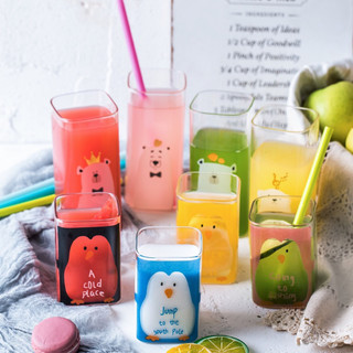 Cốc Vuông thủy tinh borosilicate in hình dễ thương, cốc sinh tố cafe