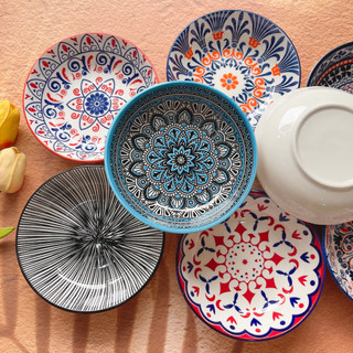 Đĩa sứ tròn 14cm - dĩa sứ decor họa tiết thổ cẩm, men bóng đẹp cao cấp