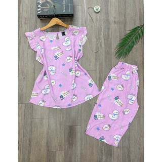 Đồ bộ mặc nhà nữ quần lửng tay cánh tiên vải tole lanh 2 da thoáng mát ít rút