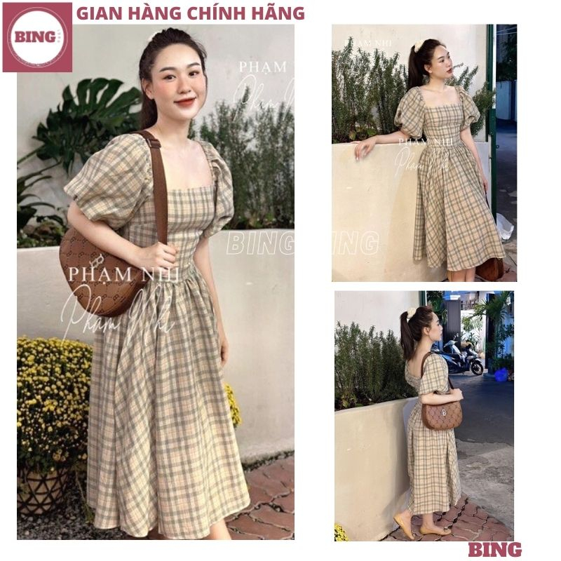 Váy thiết kế cổ vuông kẻ caro xanh tay bồng dáng xòe dài hot hit, Đầm maxi kẻ ô chất thô mềm lưng chun điệu đà - BING