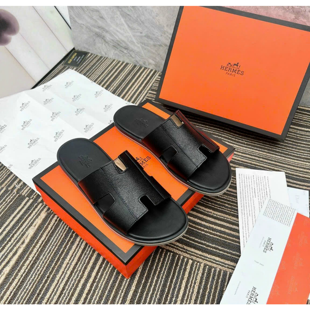 Dép Da Hermes Màu Đen Đế Gỗ Nam Nữ cao cấp Full Bill Box, QR check