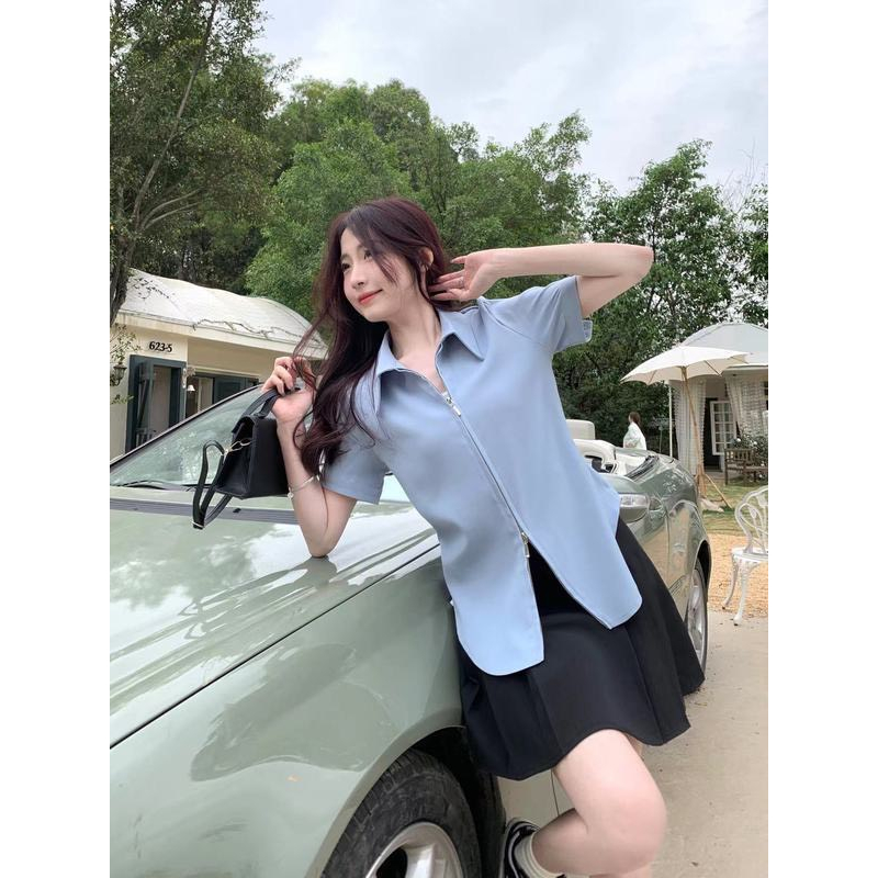 Áo sơ mi trơn cổ bẻ khóa 2 đầu 3 màu cực hot