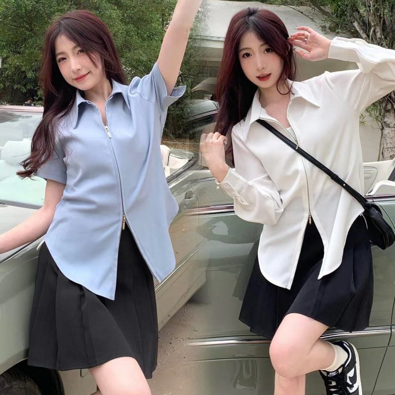 Áo sơ mi trơn cổ bẻ khóa 2 đầu 3 màu cực hot