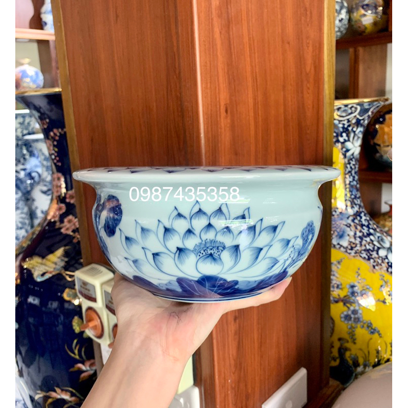 Bát hương lựu vẽ sen kĩ men rong xanh ngọc cao cấp Bát Tràng