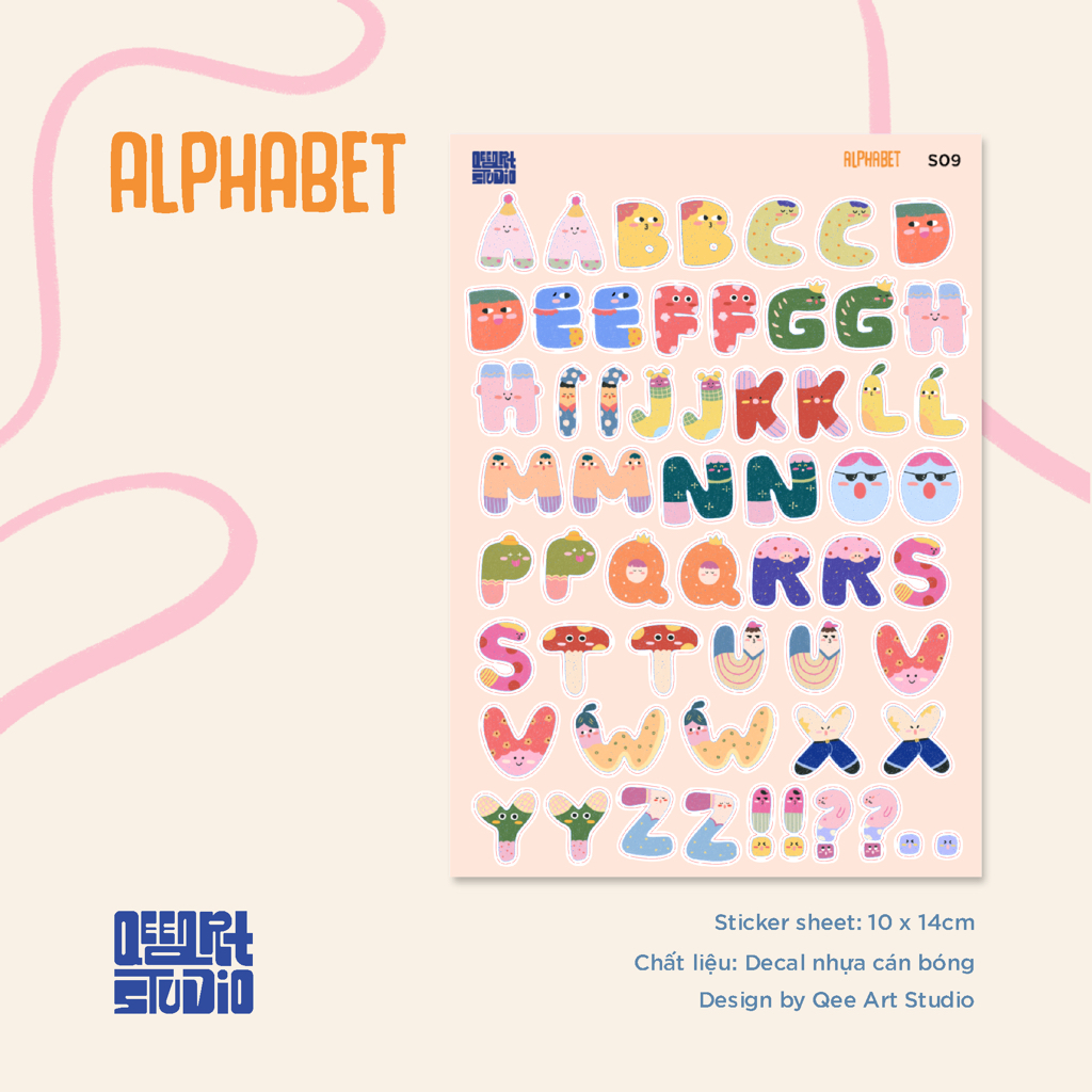 Tấm sticker ALPHABET, hình dán đáng yêu, nhãn dán cute decor, chống nước | Hàng độc quyền Qee Art Studio |