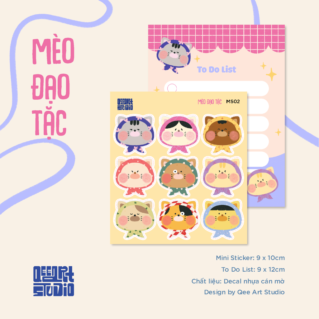 Tấm MINI STICKER MÈO ĐẠO TẶC, hình dán đáng yêu, nhãn dán cute decor, chống nước |Hàng độc quyền Qee Art Studi