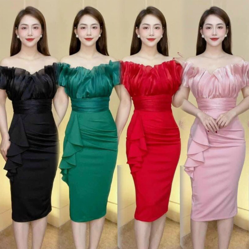 🍒Đầm dự tiệc body áo tơ gân nhún trễ vai (Free/big size XL, 2XL)