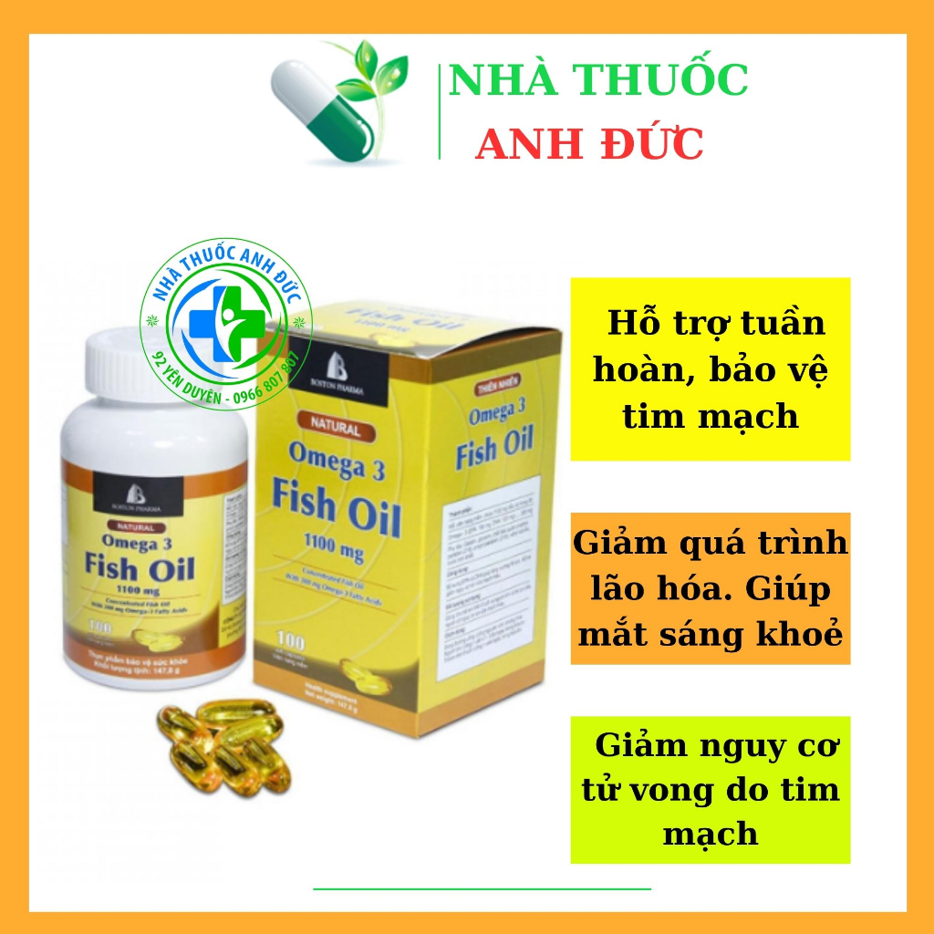 Omega 3 Fish Oil 1100mg, Viên uống dầu cá Natural, hộp 1 lọ 100 viên - Boston Pharma [Chính Hãng]