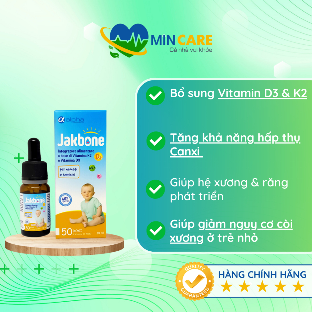 Jakbone - Bổ sung vitamin D3 và K2 hiệu quả | Dành cho Trẻ sơ sinh &amp; trẻ nhỏ chậm phát triển | Giảm nguy cơ còi xương