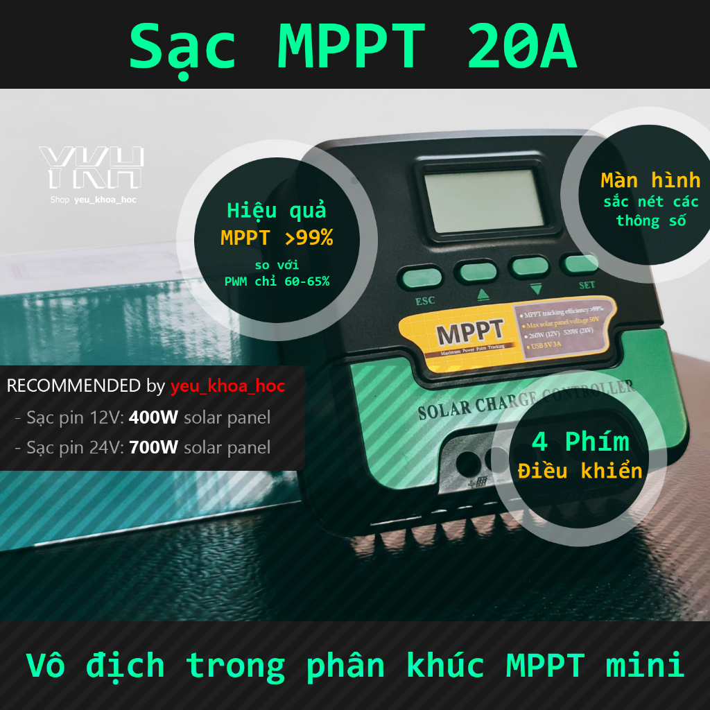 Sạc năng lượng mặt trời MPPT 99.9% - 20A 12v/24v