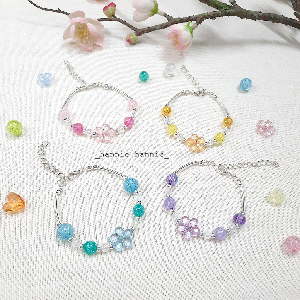 (Cam/Xanh biển/Hồng/Tím) Vòng tay hoa hologram đá nứt - Dây đeo tay nữ handmade đơn giản