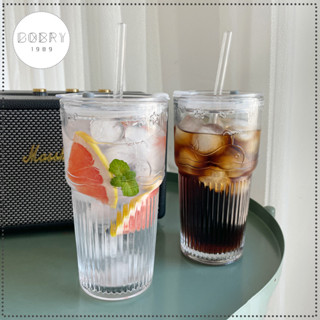 Ly thủy tinh chịu nhiệt độ cao có nắp nhựa và ống hút,dung tích 550ml, Ly uống Cafe, sinh tố chịu nhiệt độ cao