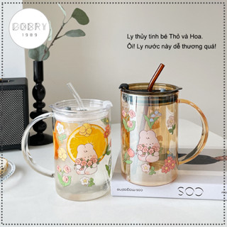  Ly thủy tinh dung tích lớn 1000ml có nắp nhựa & ống hút Hoa văn hoạt hình dễ thương 