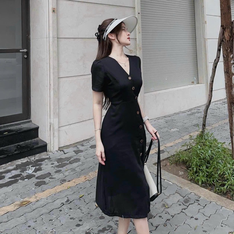Đầm váy cổ V nút dừa dáng dài công sở