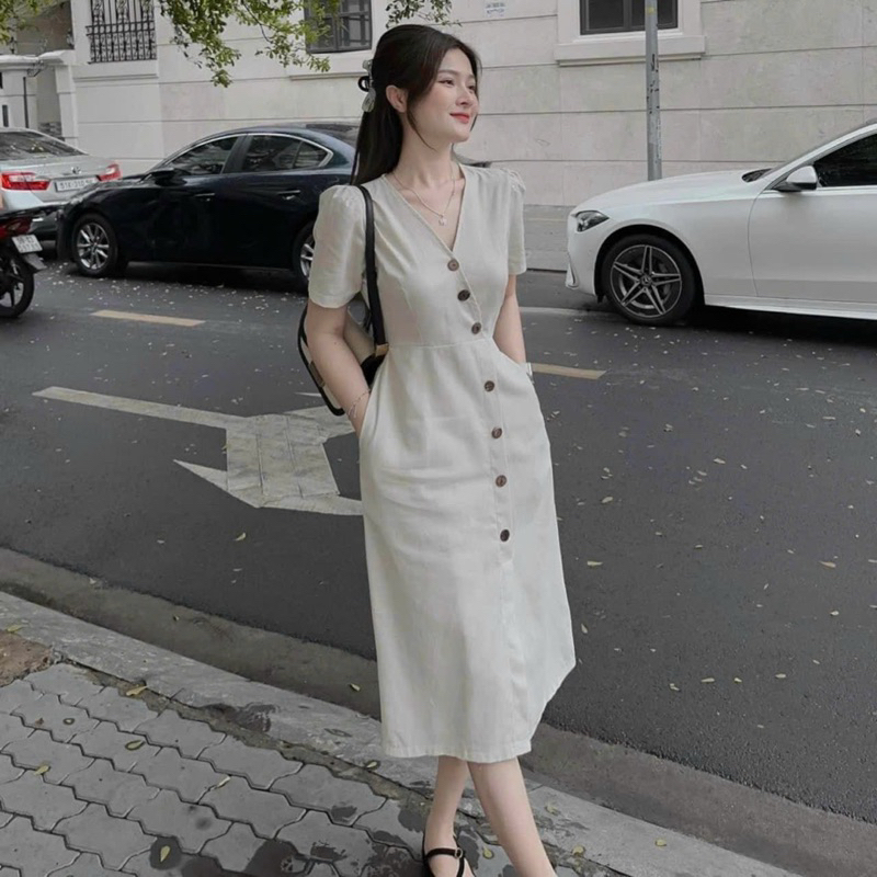 Đầm váy cổ V nút dừa dáng dài công sở