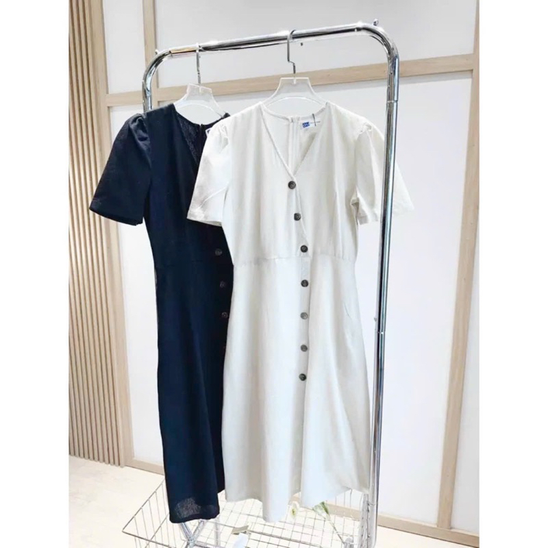 Đầm váy cổ V nút dừa dáng dài công sở