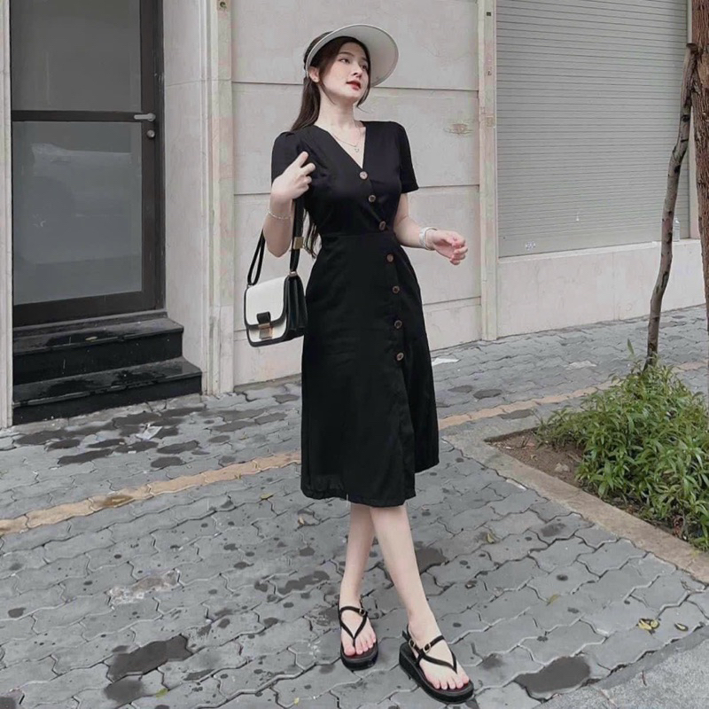 Đầm váy cổ V nút dừa dáng dài công sở
