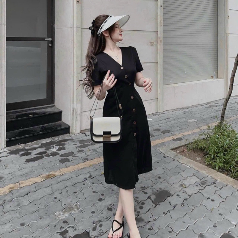 Đầm váy cổ V nút dừa dáng dài công sở