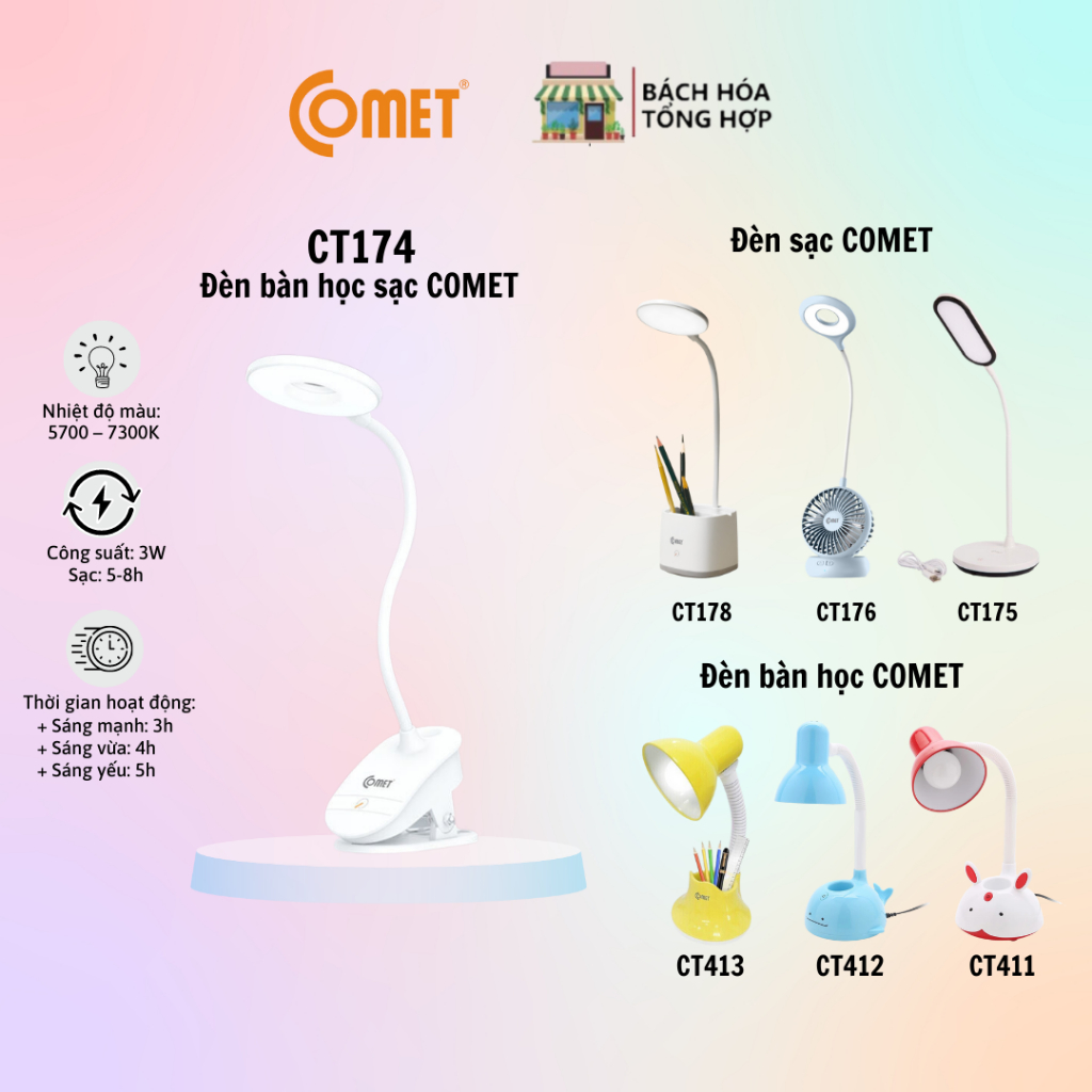 Đèn Bàn Học COMET CT411- Đèn bàn sạc Led COMET CT174/CT176-Hàng Chính Hãng