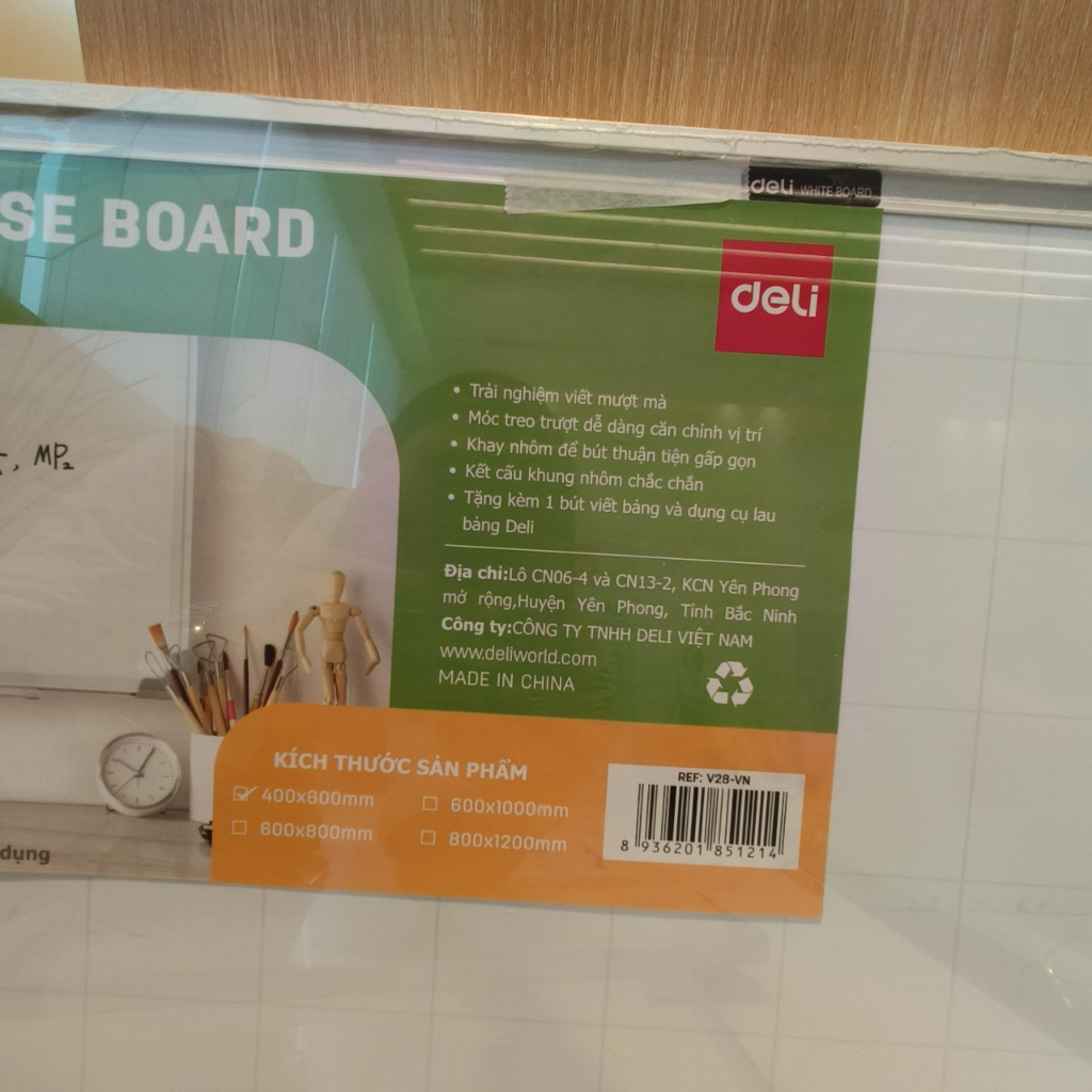Bảng từ trắng viết bút lông chính hãng deli kích thước 40x60cm tặng bút, lau bảng