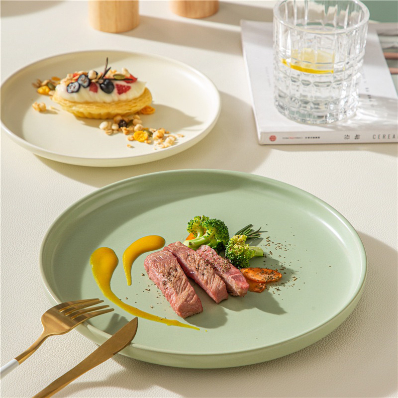 Đĩa sứ tròn trơn , đĩa sứ phẳng một màu phong cách Bắc Âu