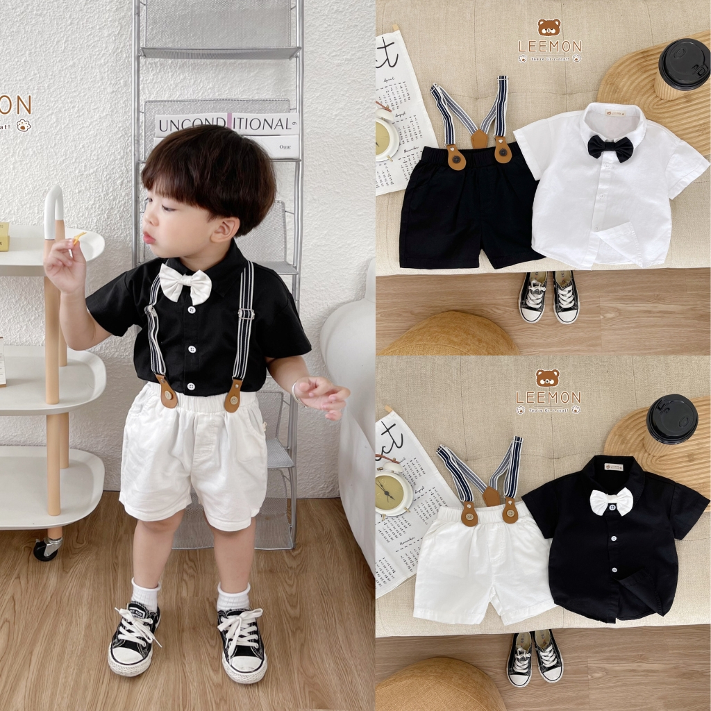 Set yếm bé trai LEEMON 018B bộ công tử cho bé trai chất liệu áo sơ mi thô hàn kết hợp quần kaki mềm mại,GOMEE KIDS