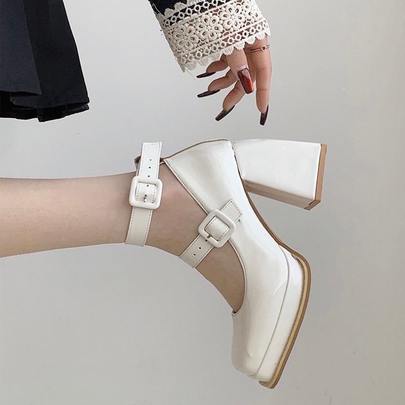 Giày cao gót nữ mũi vuông quai ngang đế dày 9cm thanh lịch tôn dáng - Giày công sở nữ mũi vuông da trơn đi chơi đi tiệc