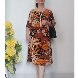 Size L- XL: Từ 50kg - 67kg - Váy Đầm Trung Niên - Vải Voan Hoa Lá Form Suông - Có Dây Kéo