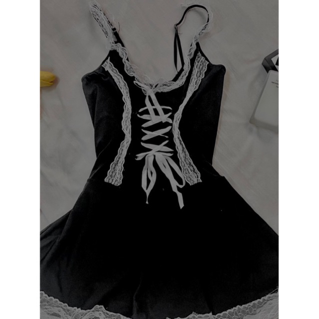 ĐẦM NGỦ ĐEN PHỐI REN NƠ PHONG CÁCH LOLITA CHẤT THUN LẠNH 2HAND HÀNG QUỐC