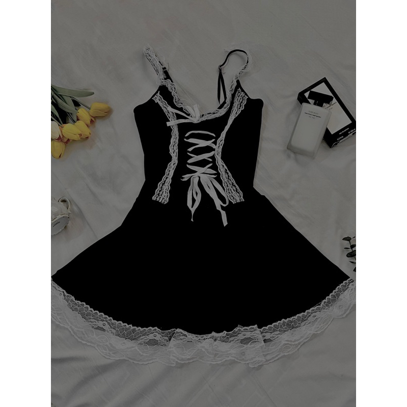 ĐẦM NGỦ ĐEN PHỐI REN NƠ PHONG CÁCH LOLITA CHẤT THUN LẠNH 2HAND HÀNG QUỐC